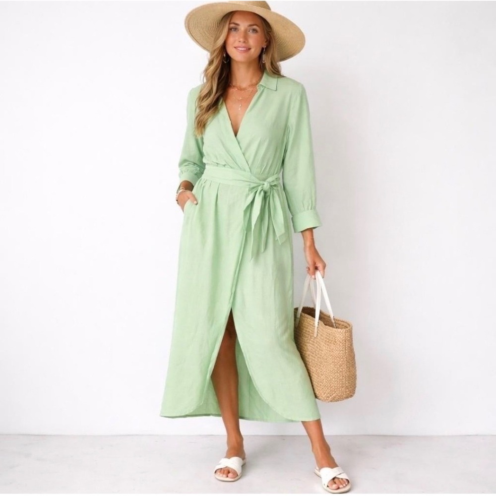 Magaschoni Fisherman 100% Linen Wrap Maxi Dress Womens 8 Resort Old Money Boho